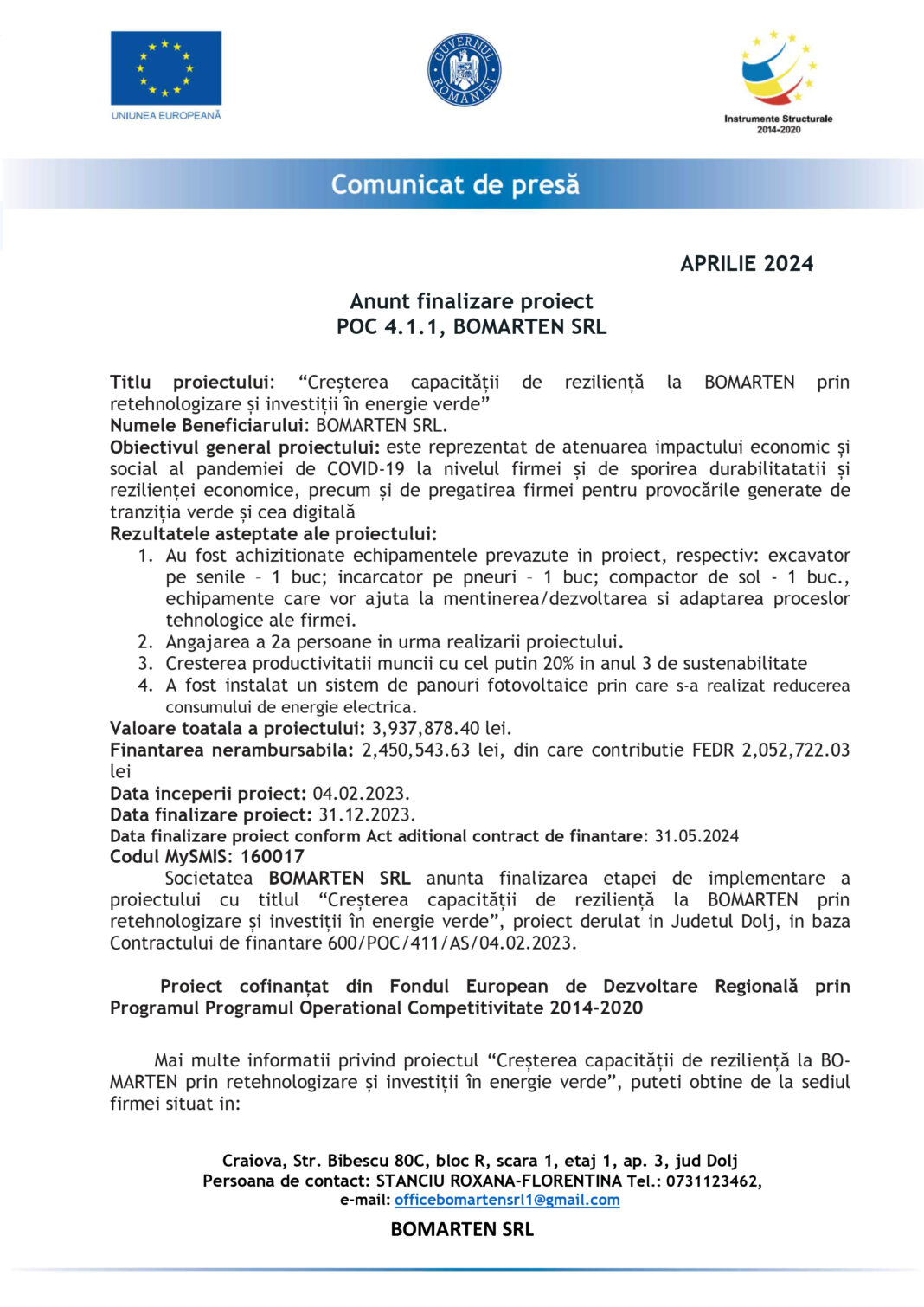 Anunţ finalizare proiect “Creșterea capacității de reziliență la BOMARTEN prin retehnologizare și investiții în energie verde”