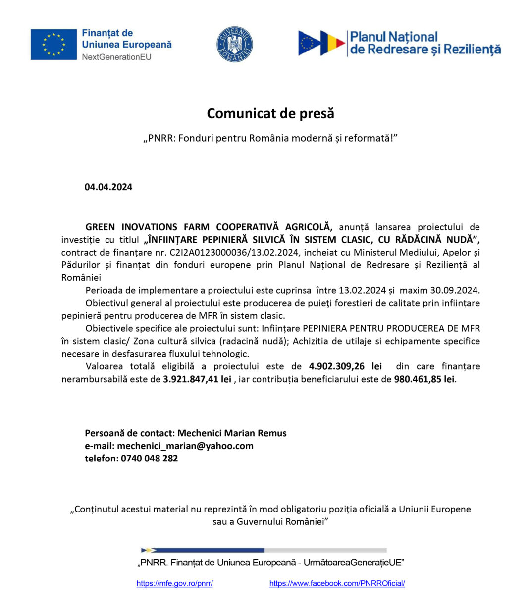GREEN INOVATIONS FARM COOPERATIVĂ AGRICOLĂ anunță lansarea proiectului de investiție „ÎNFIINȚARE PEPINIERĂ SILVICĂ ÎN SISTEM CLASIC, CU RĂDĂCINĂ NUDĂ”