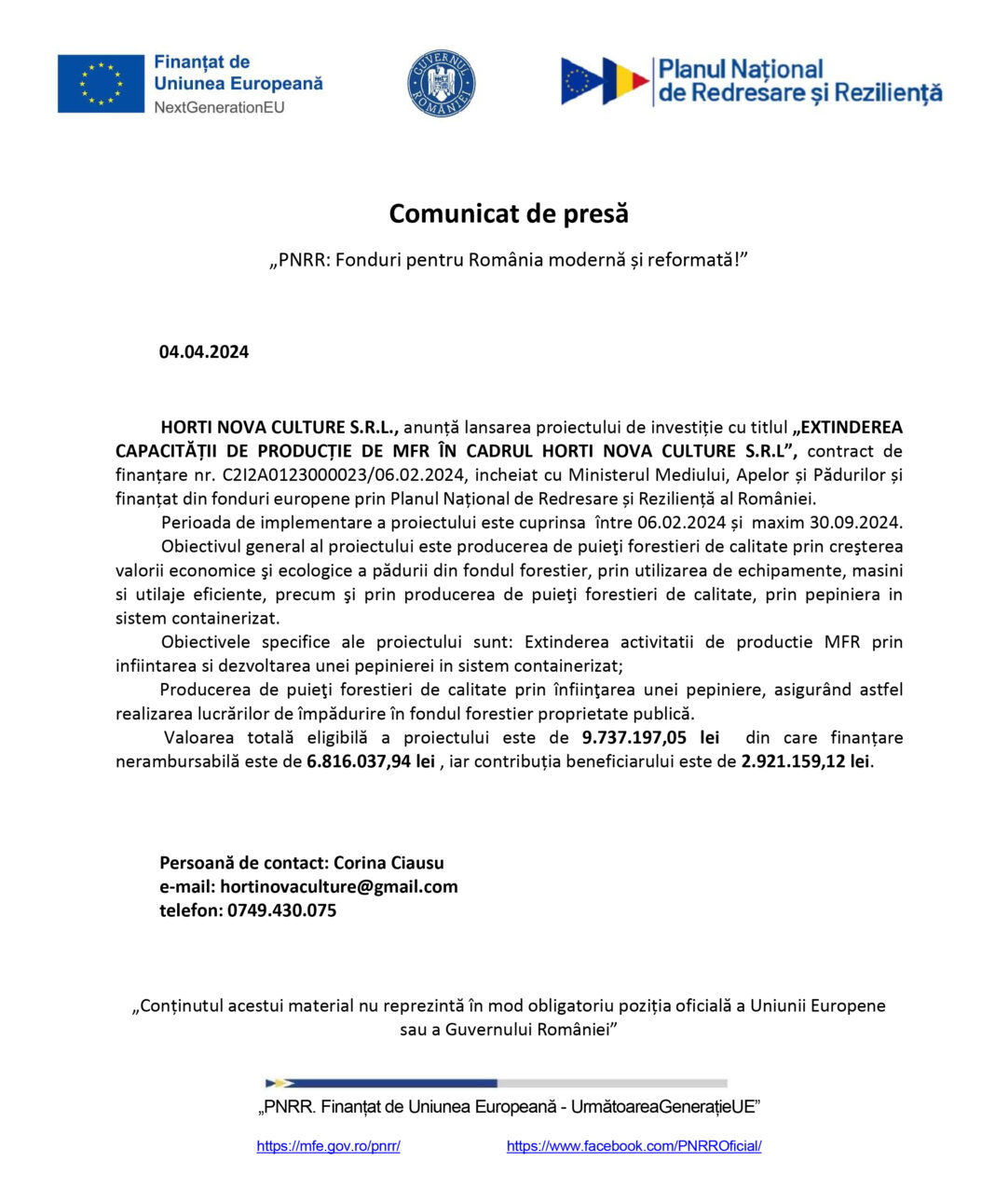 HORTI NOVA CULTURE S.R.L. anunță lansarea proiectului de investiție „EXTINDEREA CAPACITĂȚII DE PRODUCȚIE DE MFR ÎN CADRUL HORTI NOVA CULTURE S.R.L”