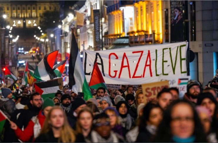 Oamenii participă la o demonstrație de susținere a Gazei și a palestinienilor, organizată de Comitetul Palestinian, lângă Palatul Regal și clădirea parlamentului norvegian, Stortinget, la Oslo, Norvegia, 4 noiembrie