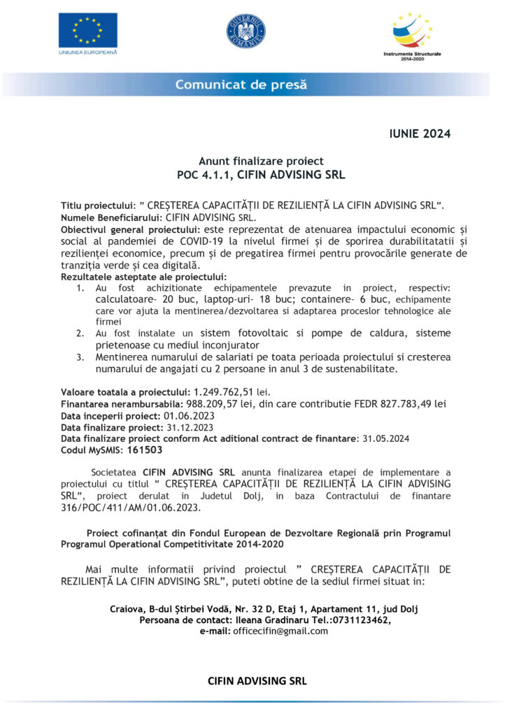 Anunț finalizare proiect POC 4.1.1, CIFIN ADVISING SRL