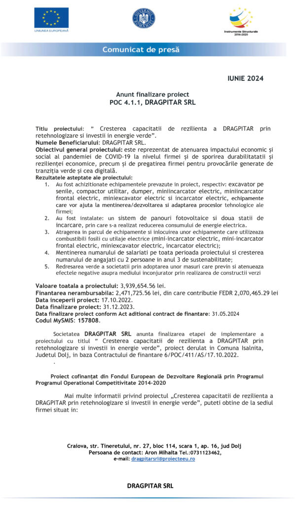 Anunț finalizare proiect POC 4.1.1, DRAGPITAR SRL