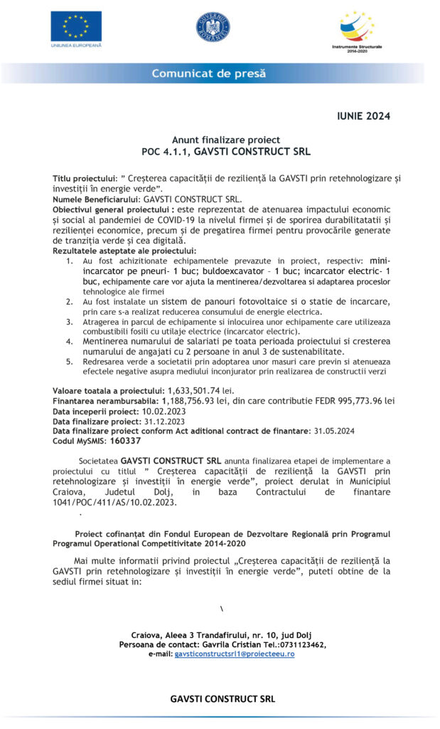 Anunt finalizare proiect POC 4.1.1, GAVSTI CONSTRUCT SRL