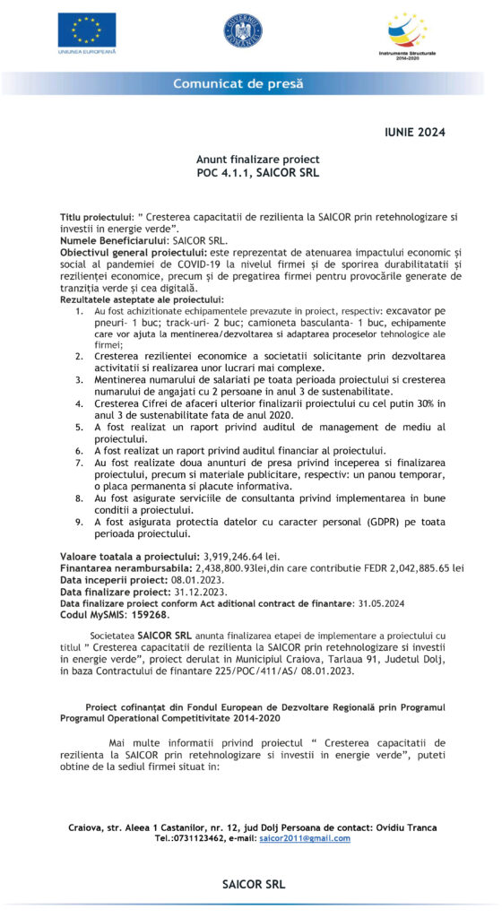Anunt finalizare proiect POC 4.1.1, SAICOR SRL