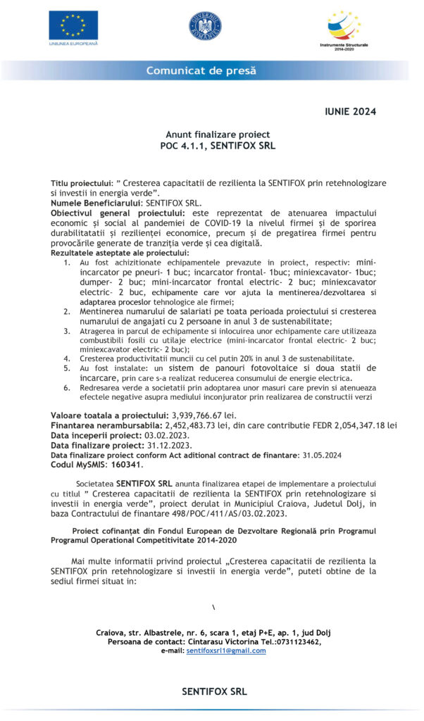 Anunt finalizare proiect POC 4.1.1, SENTIFOX SRL