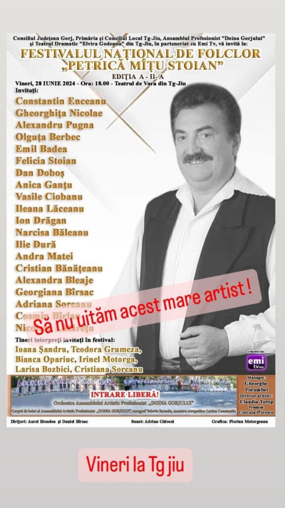 A doua ediție a Festivalului Național de Folclor „Petrică Mîțu Stoian”, la Târgu Jiu
