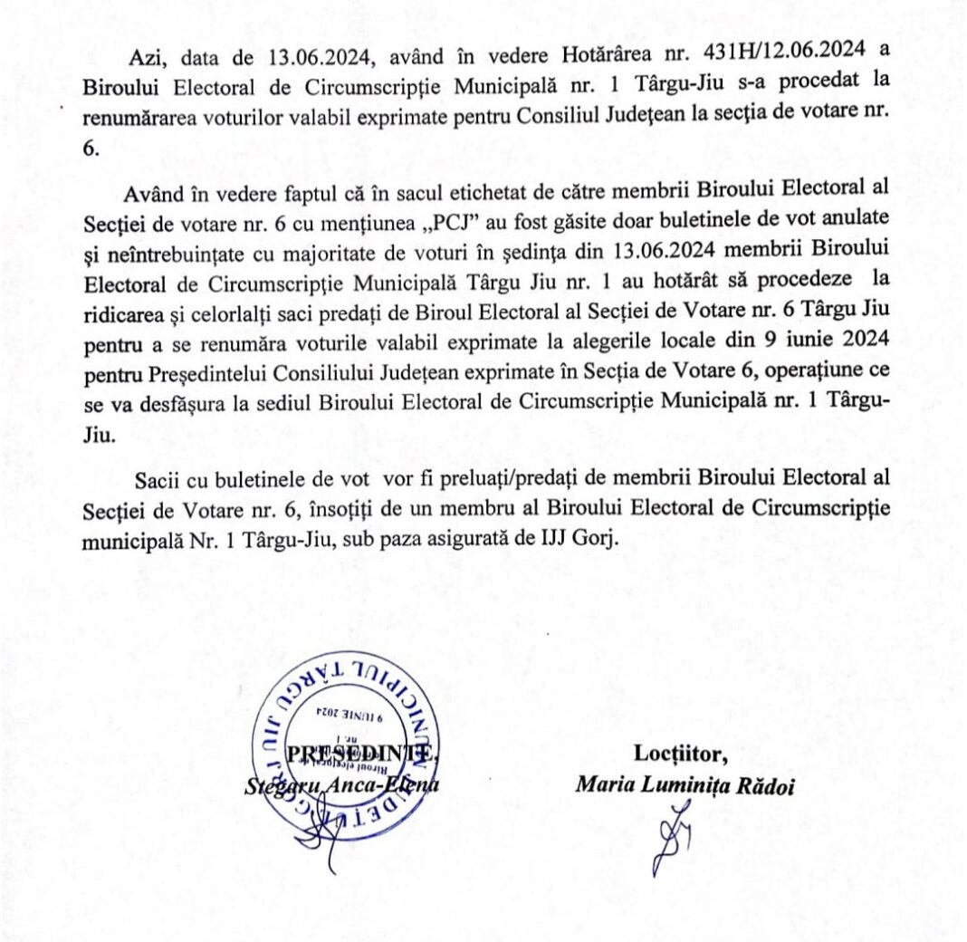 Se renumără voturile pentru președintele CJ Gorj în Secția 6 Târgu Jiu