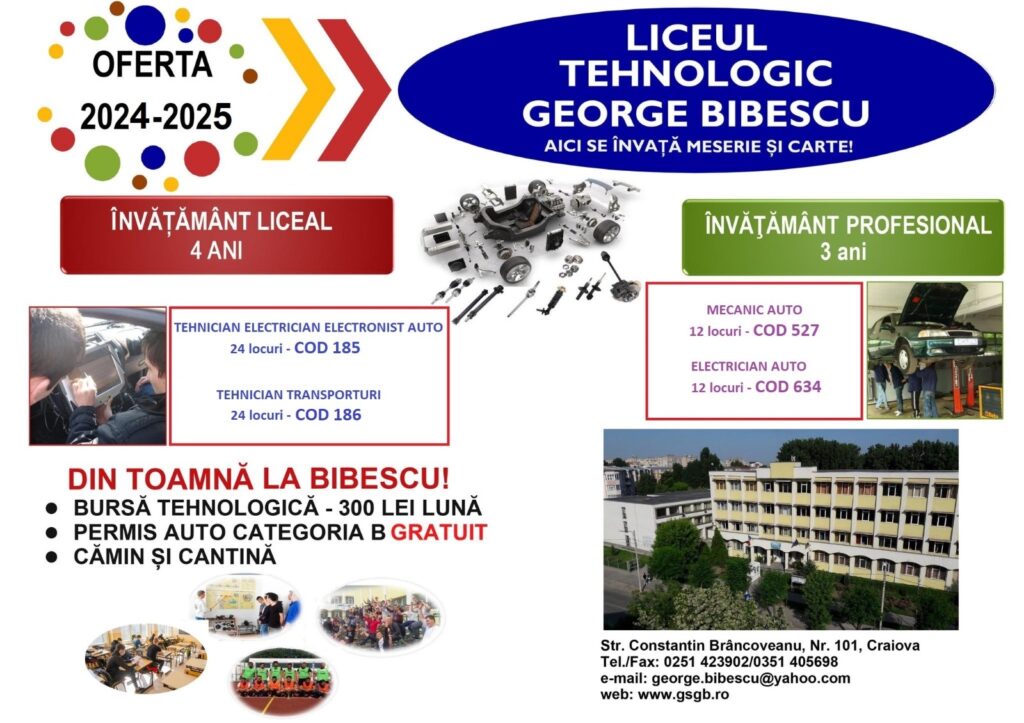 Admitere la Liceul Bibescu: Elevii pot beneficia de o bursă de 300 lei și permis auto