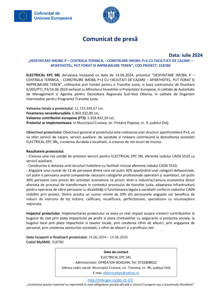 DESFIINTARE IMOBIL P – CENTRALA TERMICA; – CONSTRUIRE IMOBIL P+3 CU FACILITATI DE CAZARE – APARTHOTEL