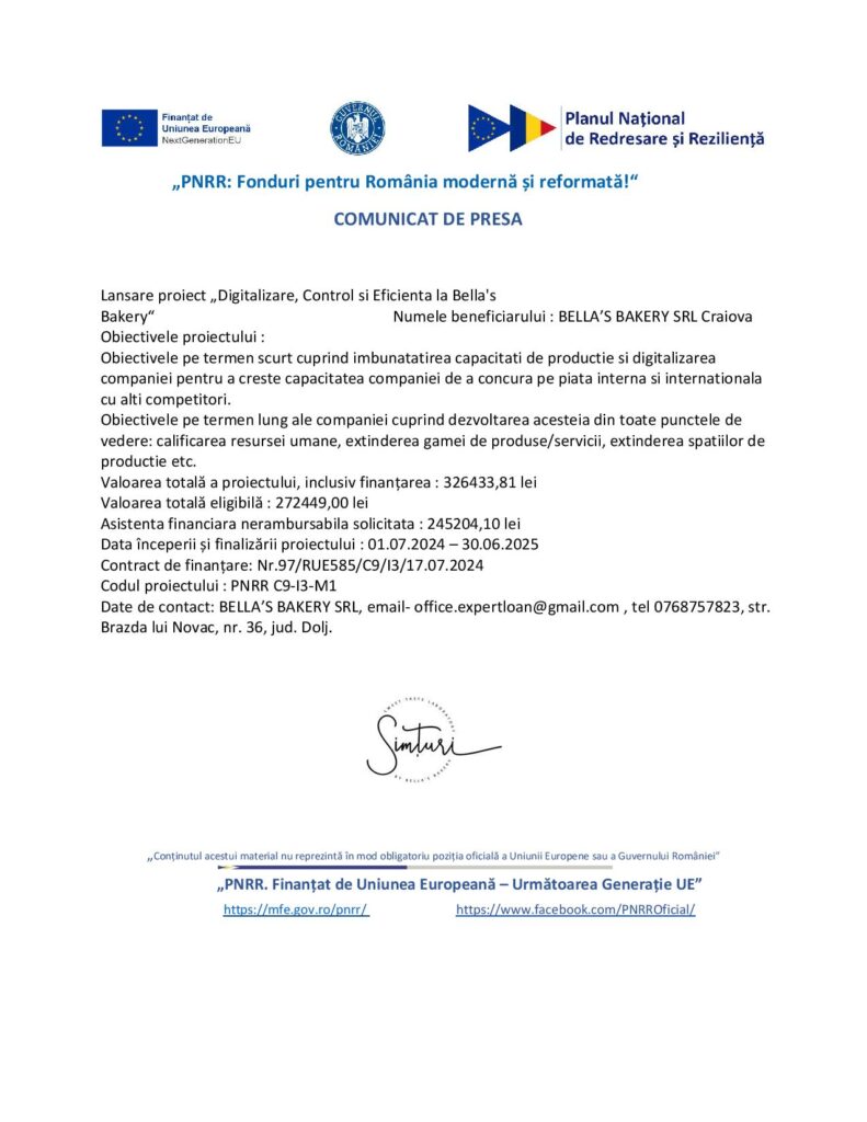 Lansare proiect „Digitalizare, Control si Eficienţă la Bella’s Bakery“