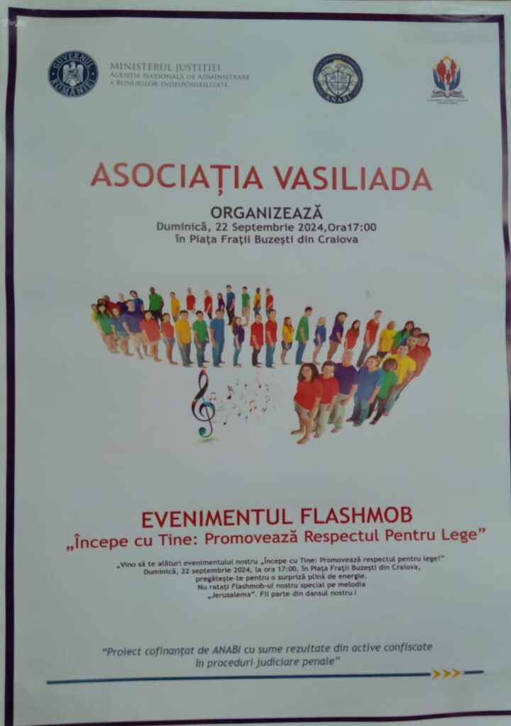 Asociația Vasiliada organizează FLASHMOB în Craiova „Începe cu Tine: Promovează Respectul Pentru Lege”
