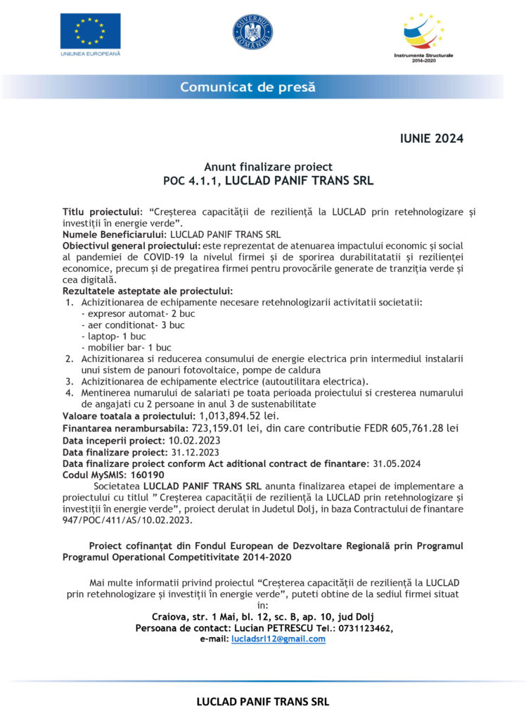 Anunt finalizare proiect POC 4.1.1, LUCLAD PANIF TRANS SRL