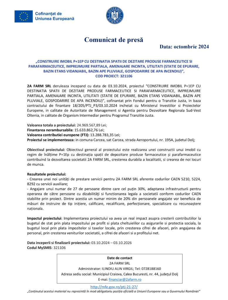 Construire imobil P+1EP cu destinația spații de depozitare produse farmaceutice și parafarmaceutice