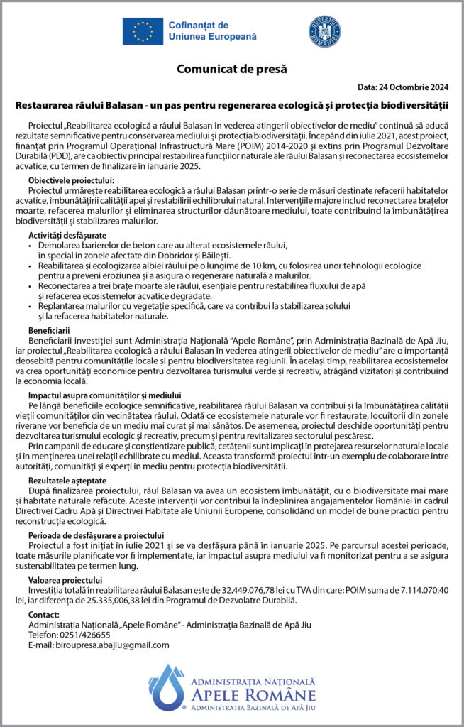 Restaurarea râului Balasan – un pas pentru regenerarea ecologică și protecția biodiversității