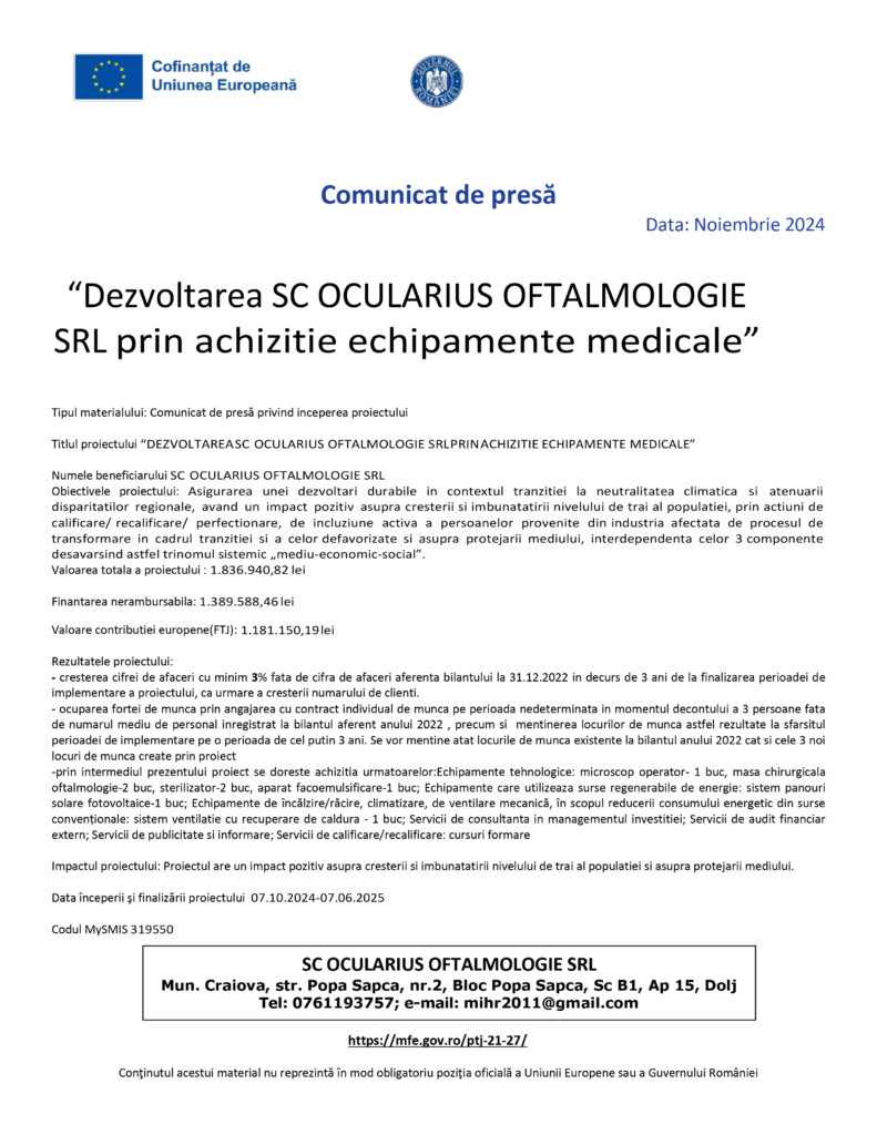 “Dezvoltarea SC OCULARIUS OFTALMOLOGIE SRL prin achizitie echipamente medicale”