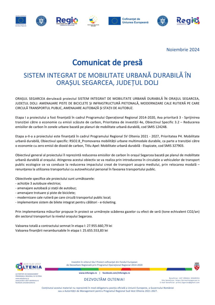 SISTEM INTEGRAT DE MOBILITATE URBANĂ DURABILĂ ÎN ORAȘUL SEGARCEA, JUDEȚUL DOLJ