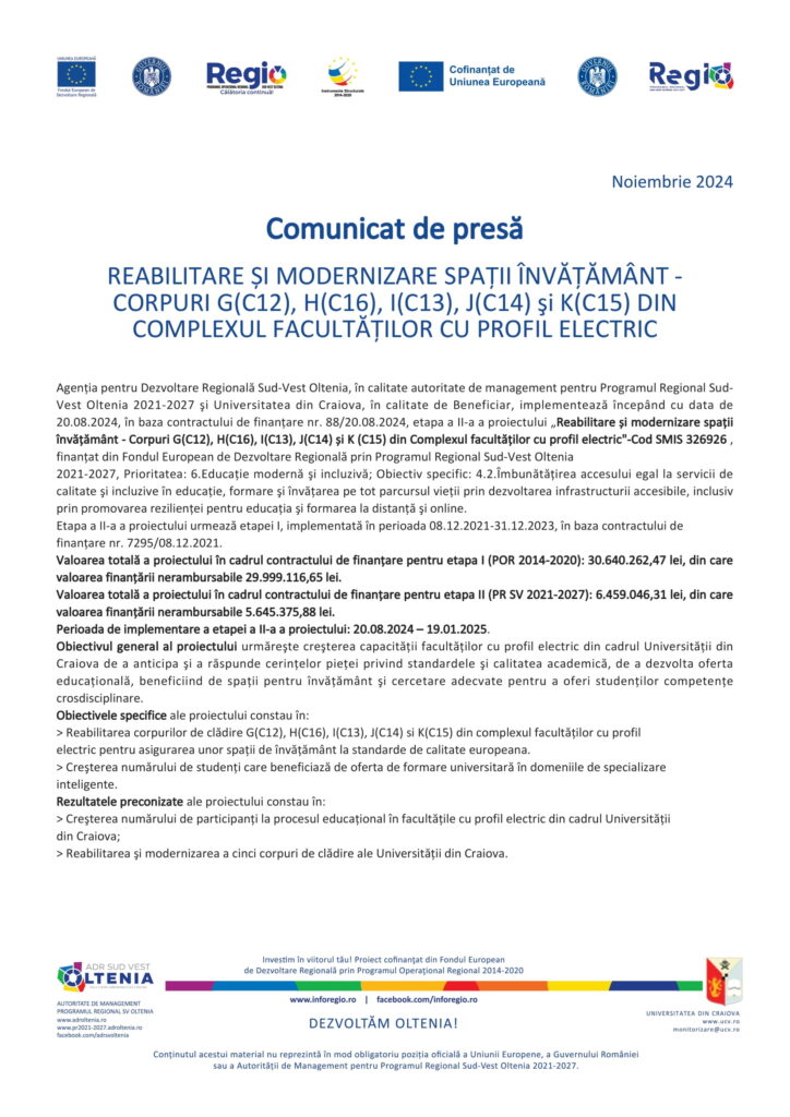 REABILITARE ȘI MODERNIZARE SPAȚII ÎNVĂȚĂMÂNT – CORPURI G(C12), H(C16), I(C13), J(C14) şi K(C15) DIN COMPLEXUL FACULTĂȚILOR CU PROFIL ELECTRIC