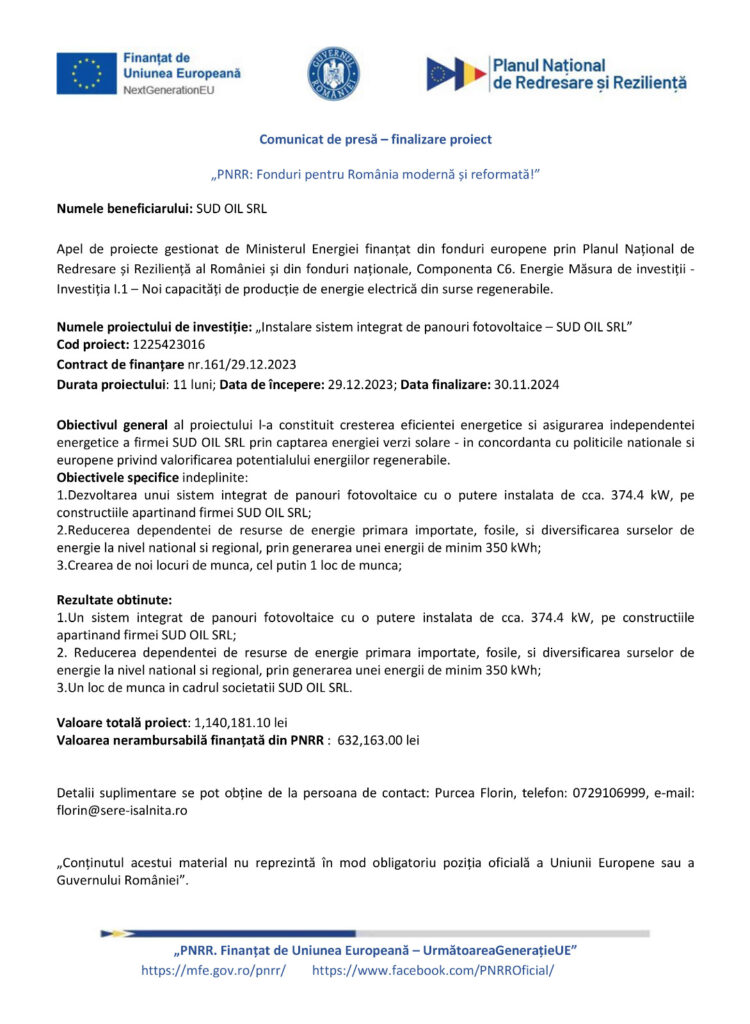 Finalizare proiect: Noi capacități de producție de energie electrică din surse regenerabile
