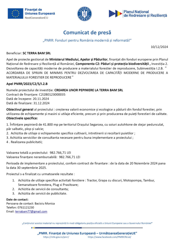Crearea unor pepiniere la TERRA BAM SRL