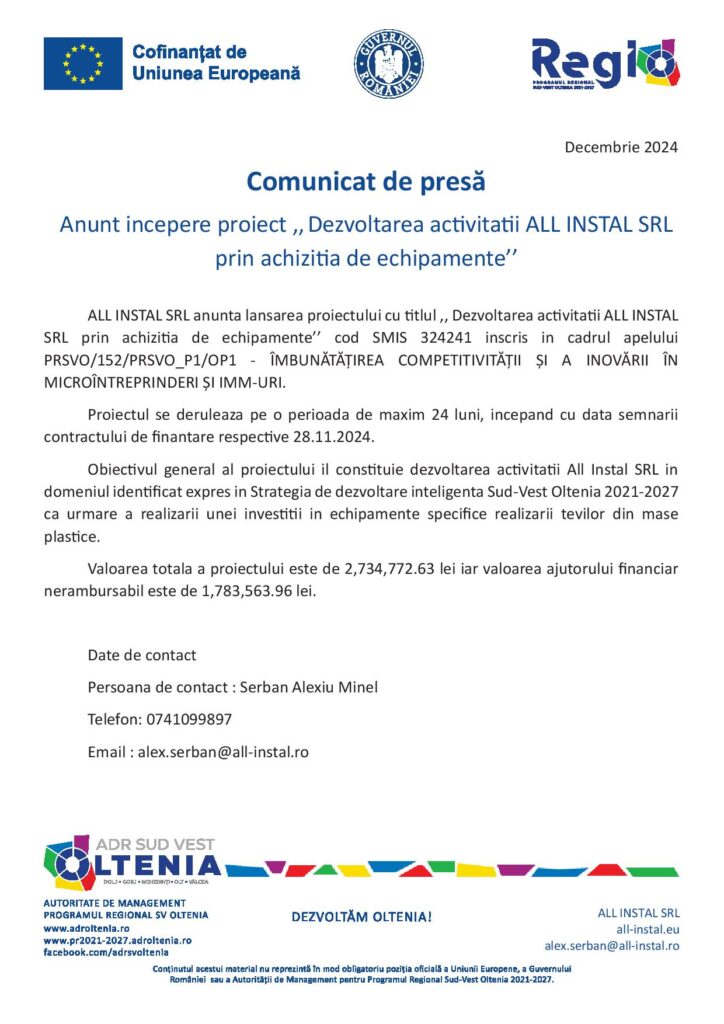 Anunț începere proiect „Dezvoltarea activității ALL INSTAL SRL prin achiziția de echipamente’’