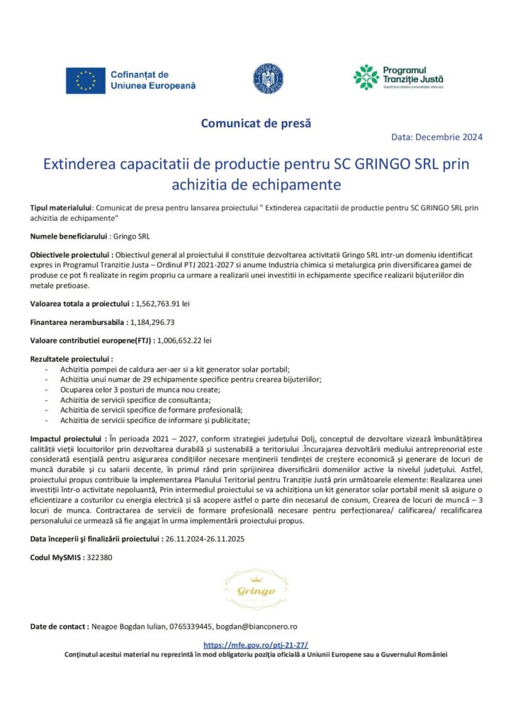 Lansarea proiectului „Extinderea capacitatii de productie pentru SC GRINGO SRL prin achizitia de echipamente’’