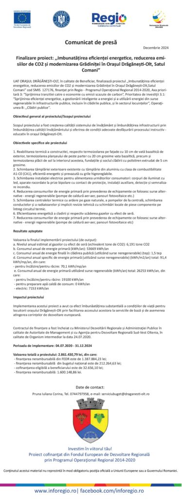 Finalizare proiect: ,,Îmbunătățirea eficienței energetice, reducerea emisiilor de CO2 și modernizarea Grădiniței în Orașul Drăgănești-Olt, Satul Comani”
