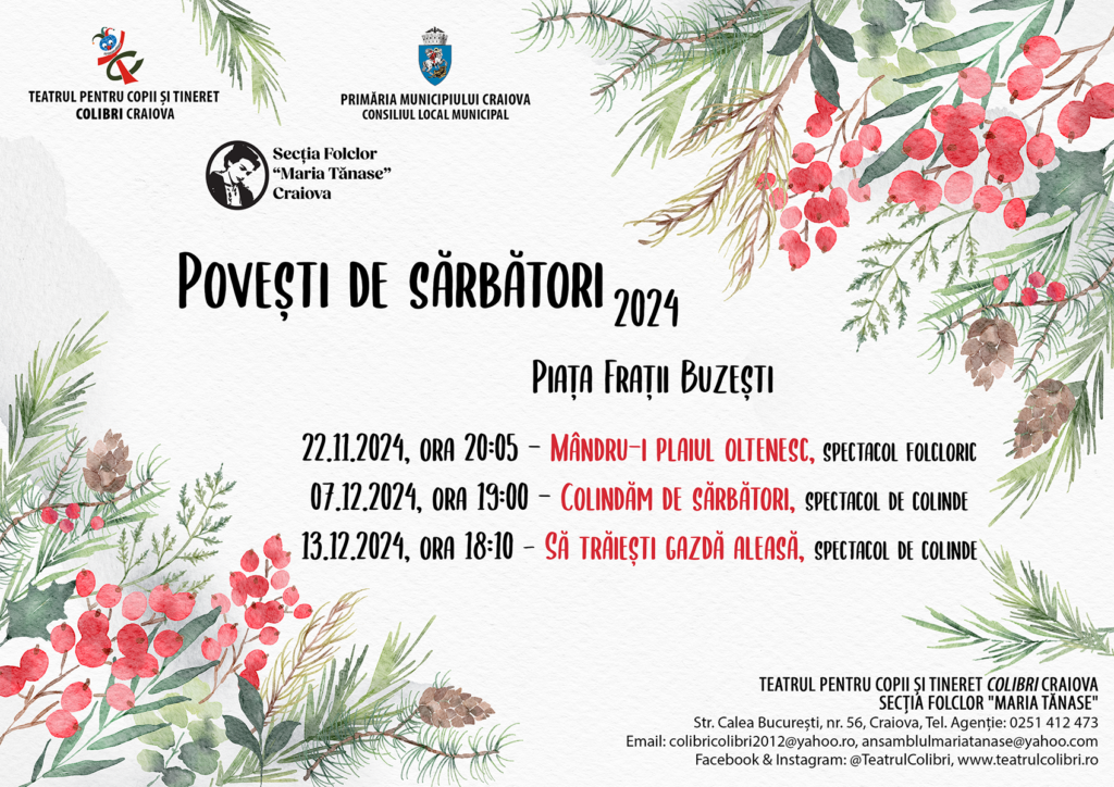 Colibri program încărcat în weekend: Premieră, serbarea atelierelor, spectacol, colinde și video mapping la Târgul de Crăciun