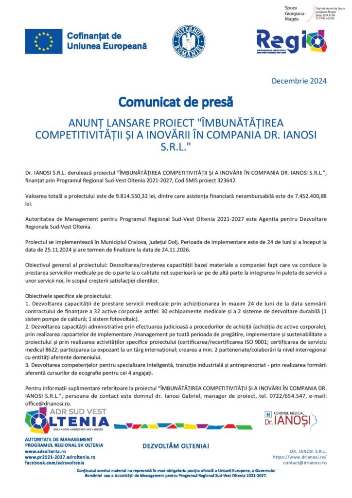 Anunţ lansare proiect „Îmbunătăţirea competitivităţii şi a inovării în COMPANIA DR. IANOSI S.R.L.”