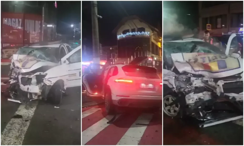 Maşină de poliţie, spulberată de un Porsche. Trei agenţi au fost răniţi, unul este în comă. Șoferul bolidului a fugit după accident