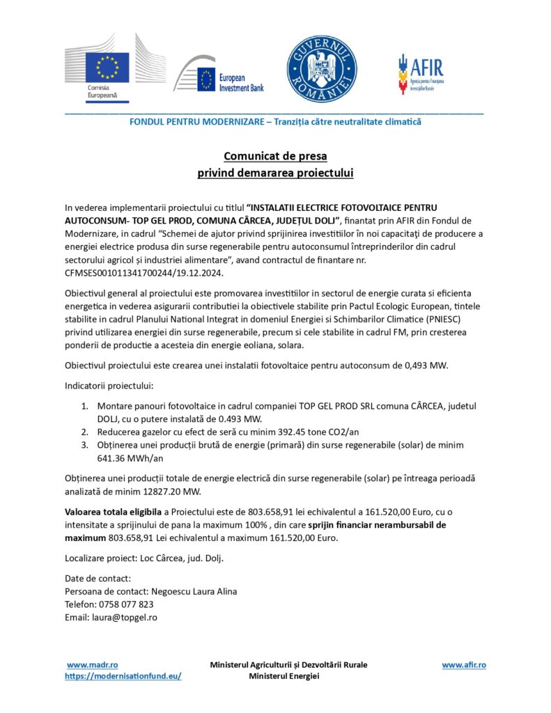 Demararea proiectului “Instalații electrice fotovoltaice pentru autoconsum-Top Gel Prod, comuna Cârcea, județul Dolj”