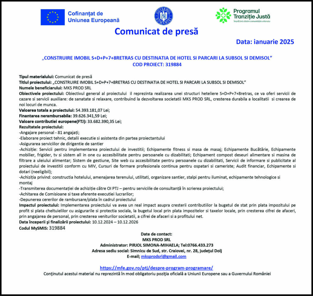 „Construire imobil S+D+P+7+8 retras cu destinația de hotel și parcări la subsol și demisol”