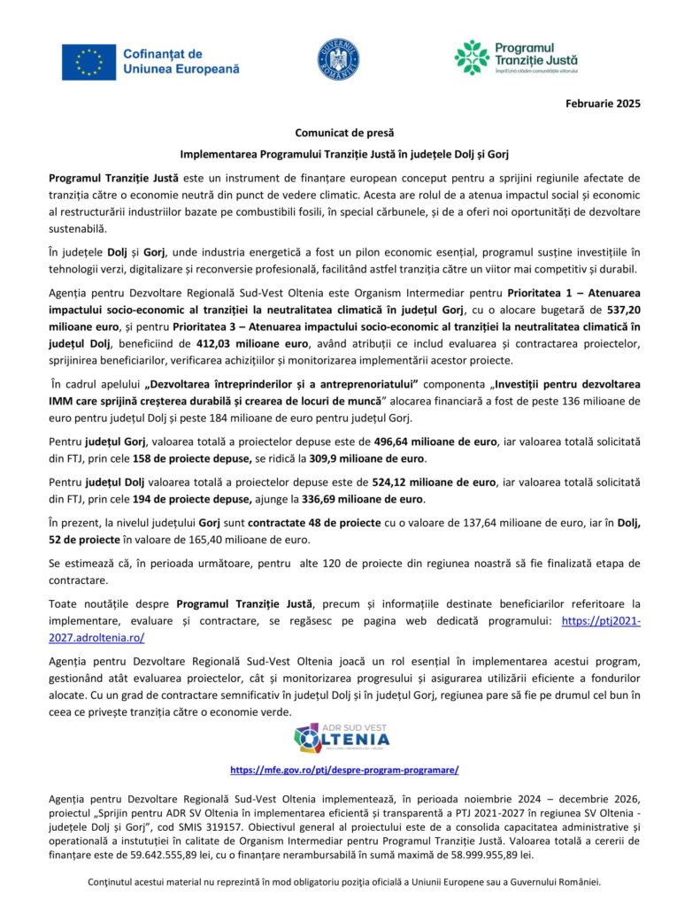 Comunicat de presă: Implementarea Programului Tranziție Justă în județele Dolj și Gorj