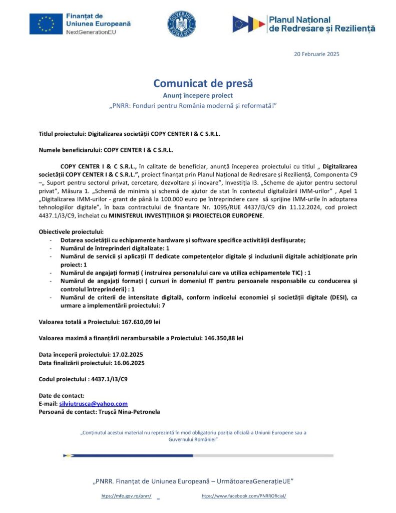 Digitalizarea societății COPY CENTER I & C S.R.L.