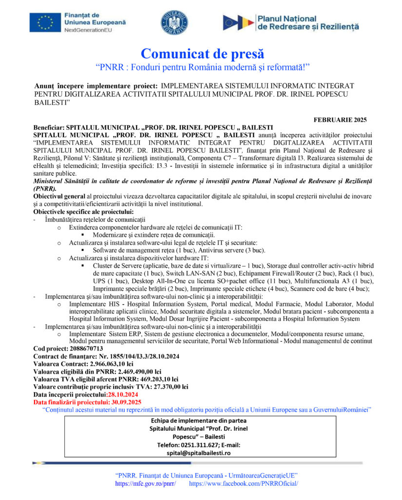 Implementarea sistemului informatic integrat pentru digitalizarea activității Spitalului Municipal prof. dr. Irinel Popescu Băilești”