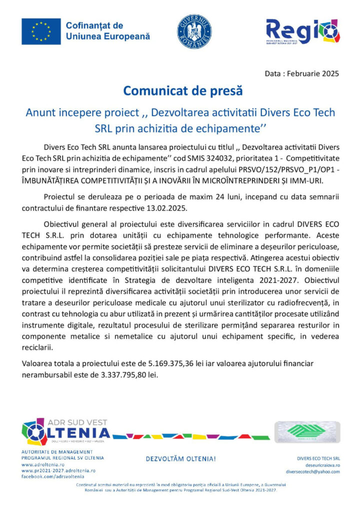 Anunț începere proiect „Dezvoltarea activității Divers Eco Tech SRL prin achiziția de echipamente’’