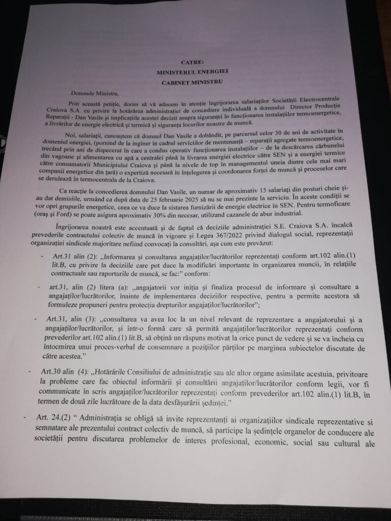 Angajaţii SE Craiova cu jalba la Ministrul Energiei. Căldura craiovenilor la mâna ministrului?
