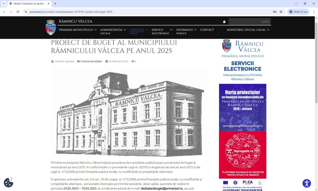 Primăria Râmnicu Vâlcea a pus în dezbatere publică proiectul de buget local pentru anul 2025
