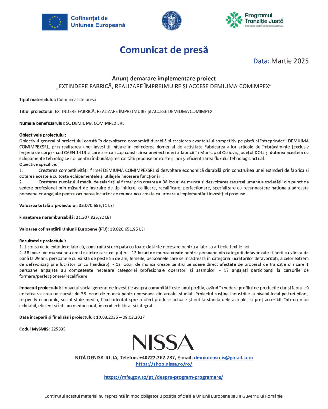 Demarare implementare proiect „EXTINDERE FABRICĂ, REALIZARE ÎMPREJMUIRE ȘI ACCESE DEMIUMA COMIMPEX”