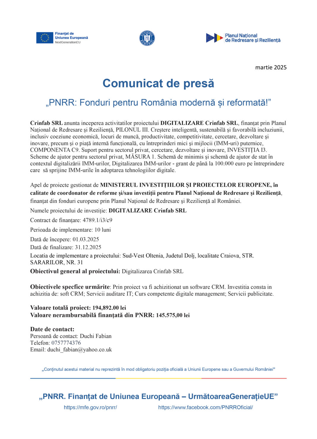 „PNRR: Fonduri pentru România modernă și reformată!”