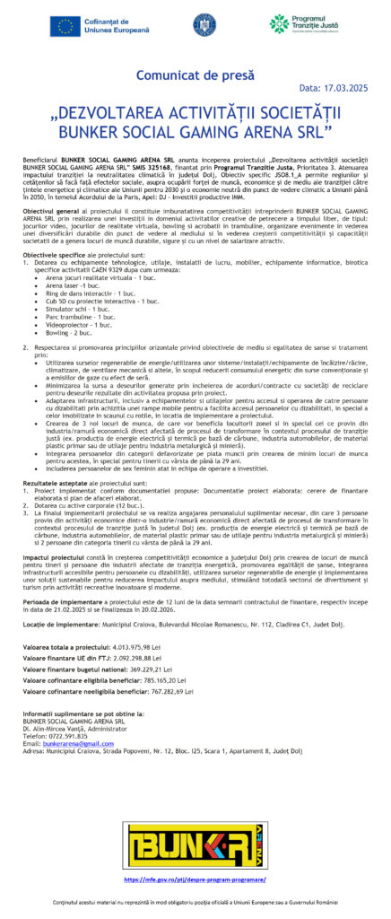 „DEZVOLTAREA ACTIVITĂȚII SOCIETĂȚII BUNKER SOCIAL GAMING ARENA SRL”