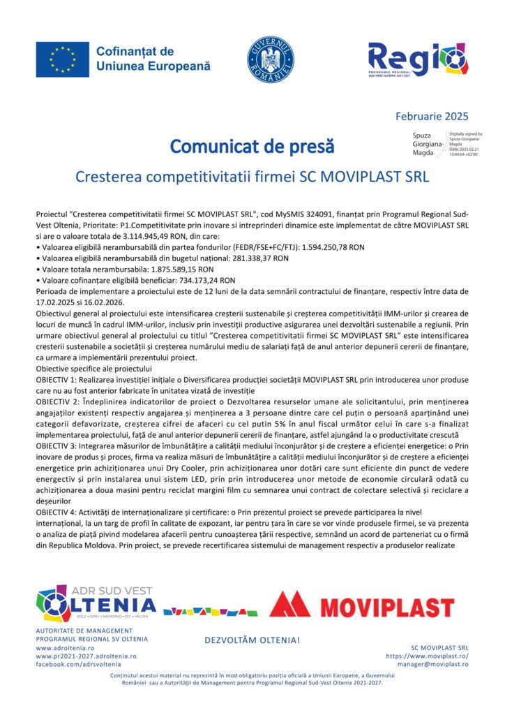 Comunicat de presă: Cresterea competitivitatii firmei SC MOVIPLAST SRL