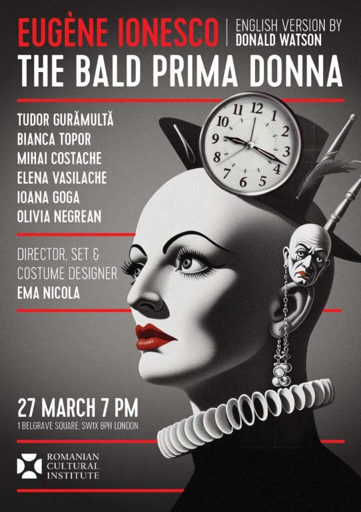 Actori româno-britanici în „Cântăreața cheală” de Eugen Ionescu, de Ziua Mondială a Teatrului, la ICR Londra