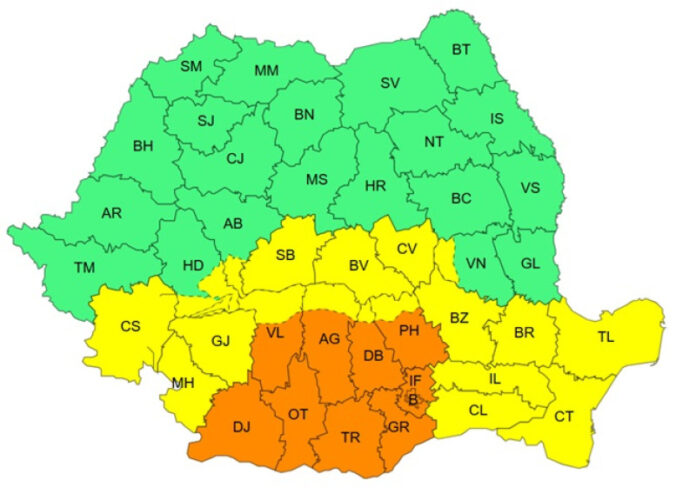 Cod portocaliu de vânt puternic în Oltenia