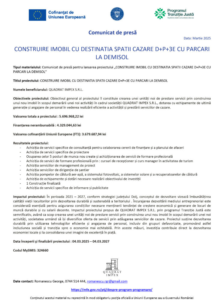 CONSTRUIRE IMOBIL CU DESTINATIA SPATII CAZARE D+P+3E CU PARCARI LA DEMISOL