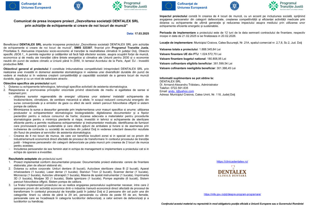 Începere proiect „Dezvoltarea societății DENTALEX SRL prin achiziție de echipamente şi creare de noi locuri de muncă”