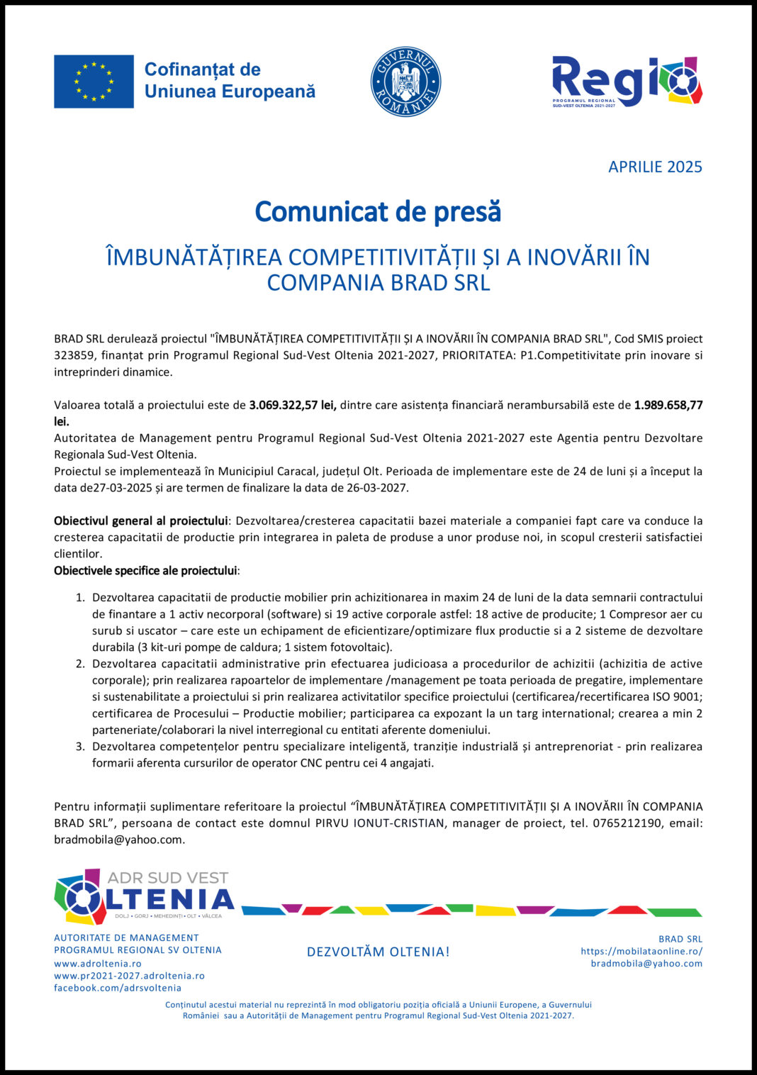 Îmbunătăţirea competitivităţii şi a inovării în compania BRAD SRL