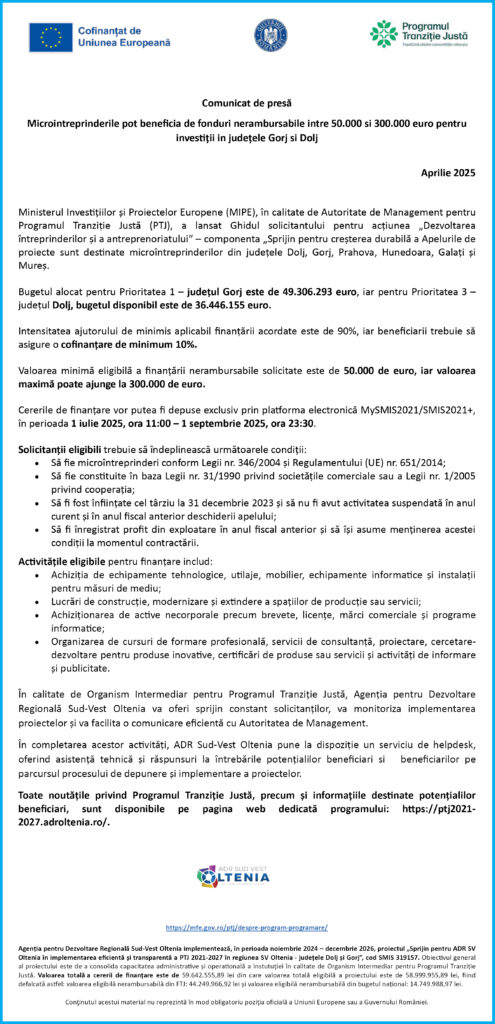 Microîntreprinderile pot beneficia de fonduri nerambursabile între 50.000 si 300.000 euro pentru investiții în județele Gorj și Dolj