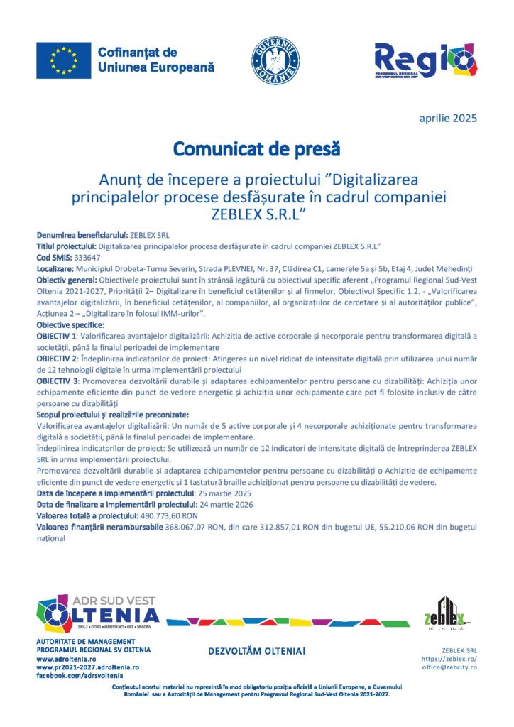 Anunț de începere a proiectului ”Digitalizarea principalelor procese desfășurate în cadrul companiei ZEBLEX S.R.L”