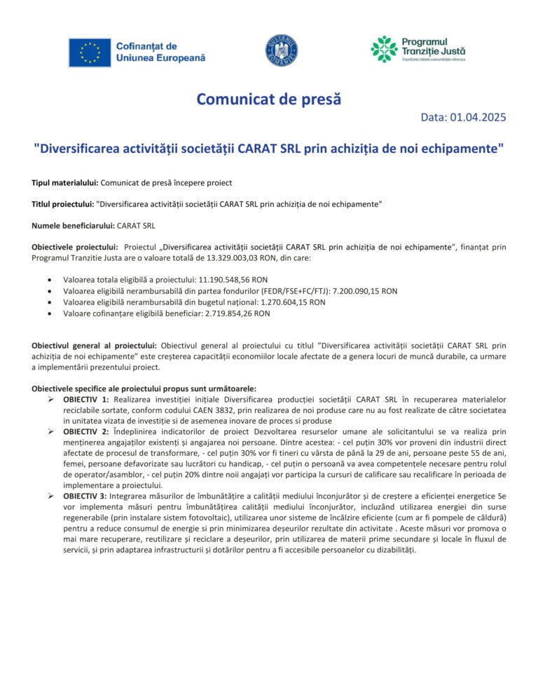 Diversificarea activității societății CARAT SRL prin achiziția de noi echipamente