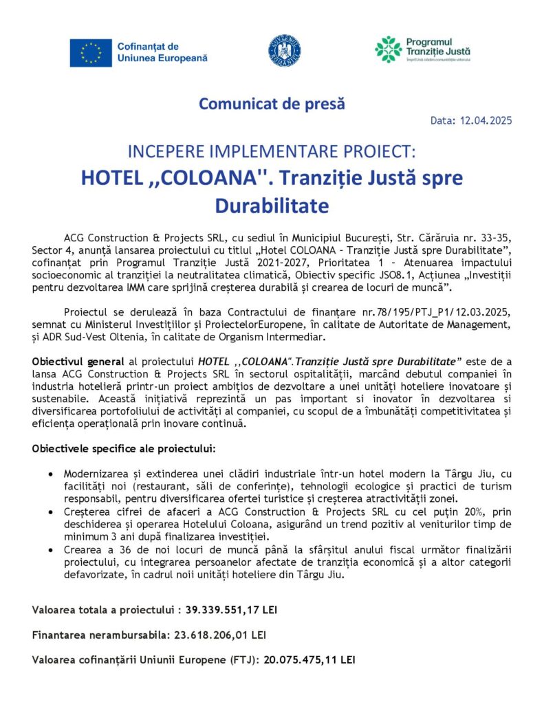Începere implementare proiect: Hotel „Coloana“. Tranziţie Justă spre Durabilitate